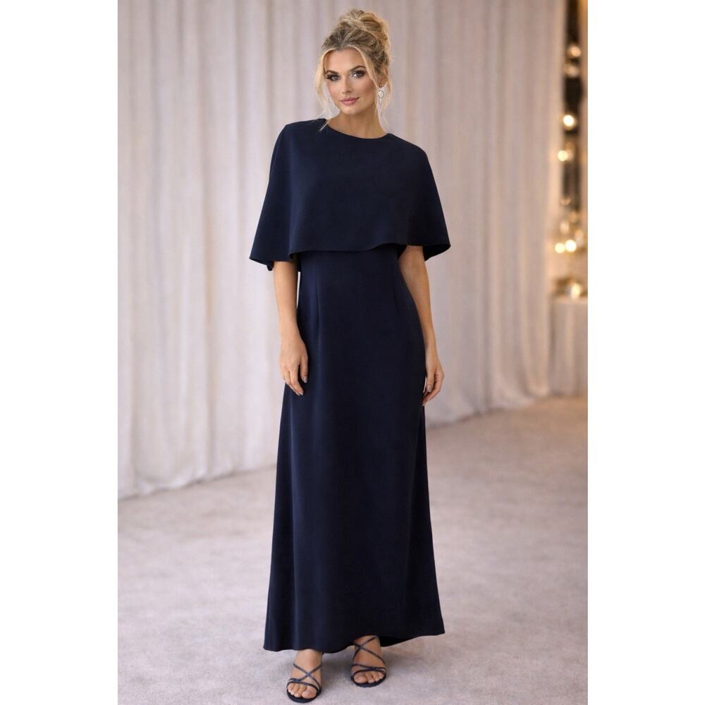 Rickie Freeman Teri Jon Navy Blue Crepe Asymmetric Capelet Column Gown Dress 8